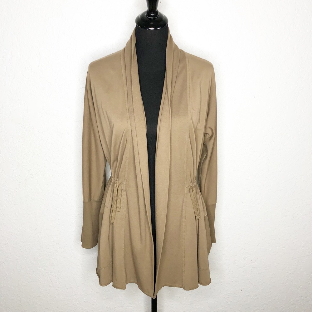 Soft Surroundings Tan Drawstring Open Front Cardigan Size Small Khaki Cotton
